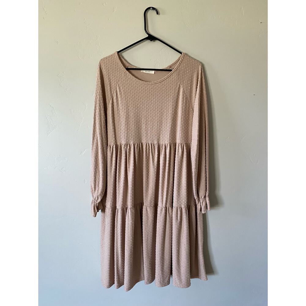 Beige Swiss Dot Long Sleeved Knee Length Dress